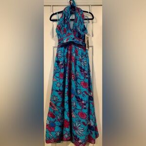 Caroline Constas blue floral halter neck dress. Size L. NWT.